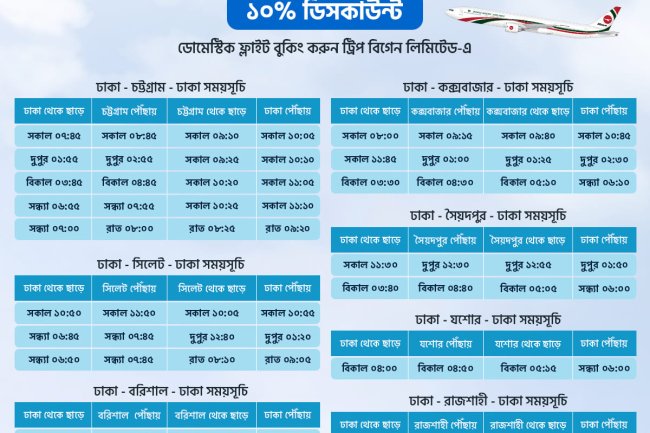 বিমান বাংলাদেশ এয়ারলাইন্সের ডোমেস্টিক ফ্লাইটের সময়সূচি - উপভোগ করুন ট্রিপ বিগিন এর ১০% ছাড়!